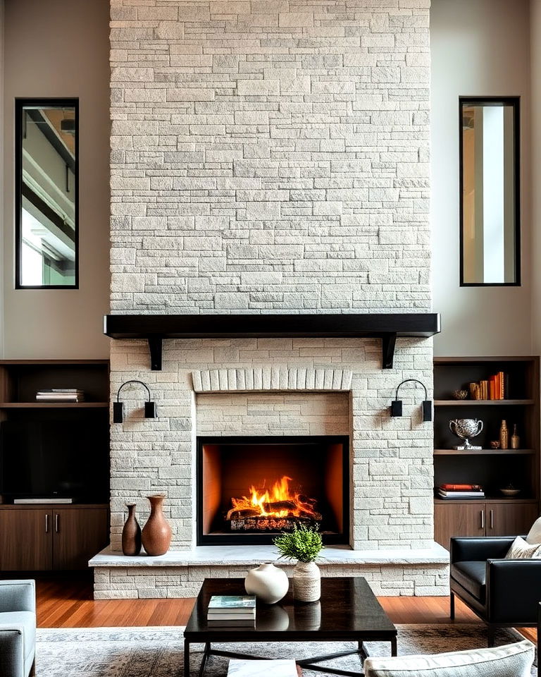 metal accents for floor to ceiling stone fireplace - 20 Floor-to-Ceiling Stone Fireplace Ideas