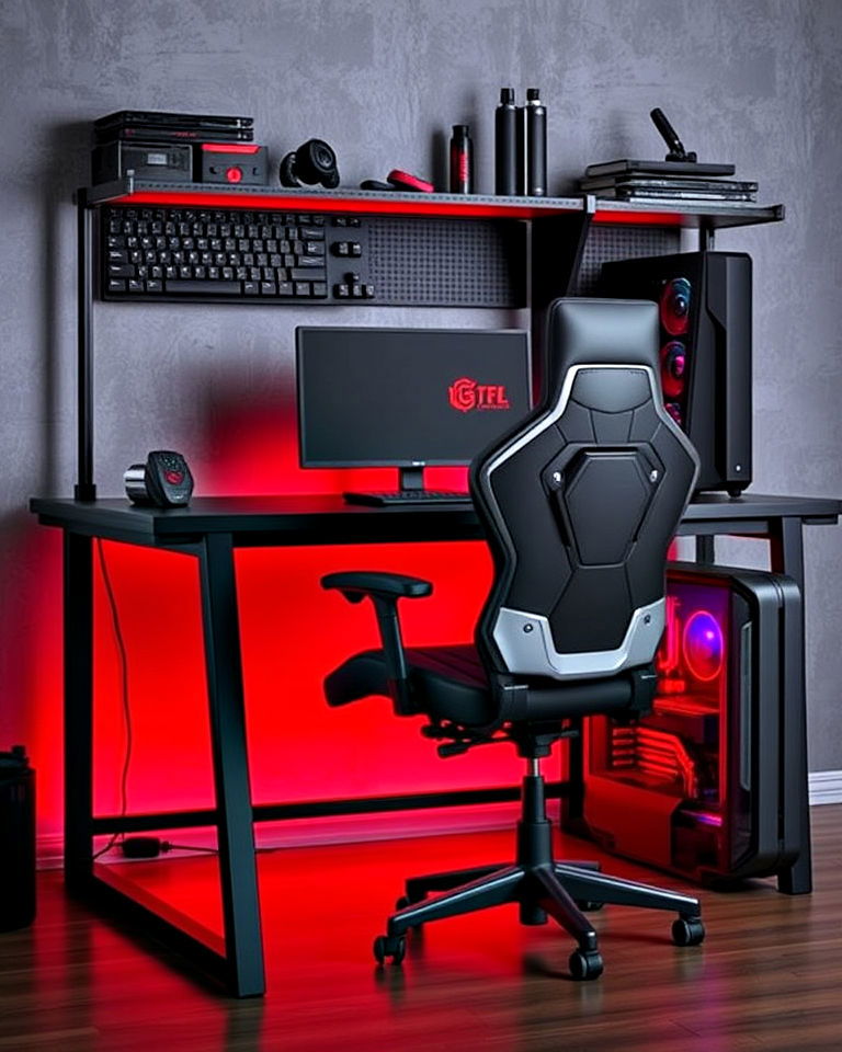 metal accents with industrial red and black setup - 20 Red and Black Gaming Setup Ideas