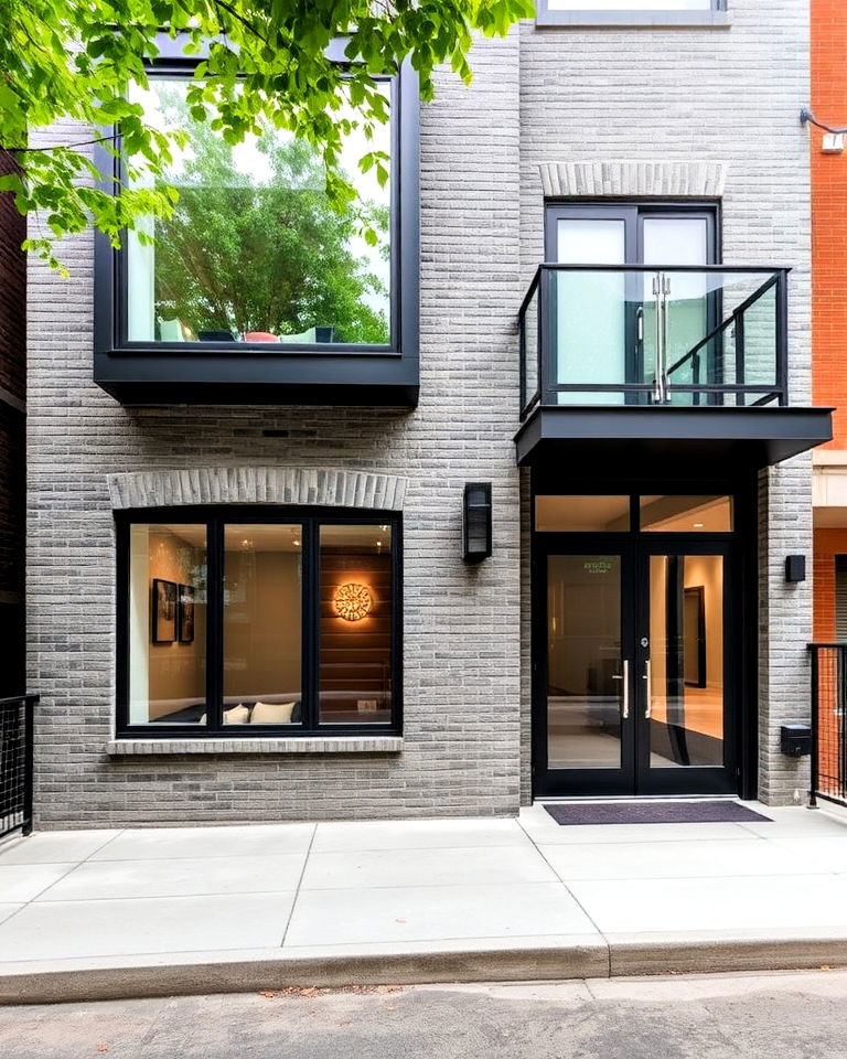 metal and glass features for gray brick exterior - 30 Gray Brick Exterior Home Ideas