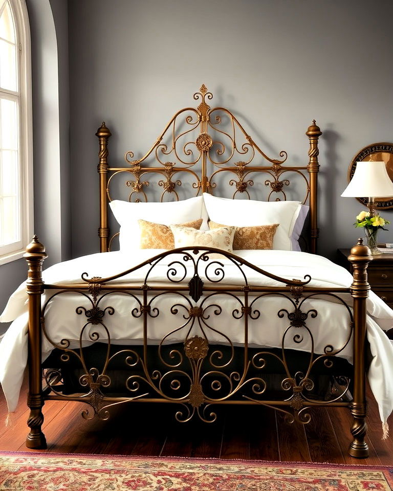 metal bed frame with ornate victorian detailing - 15 Steampunk Bedroom Ideas