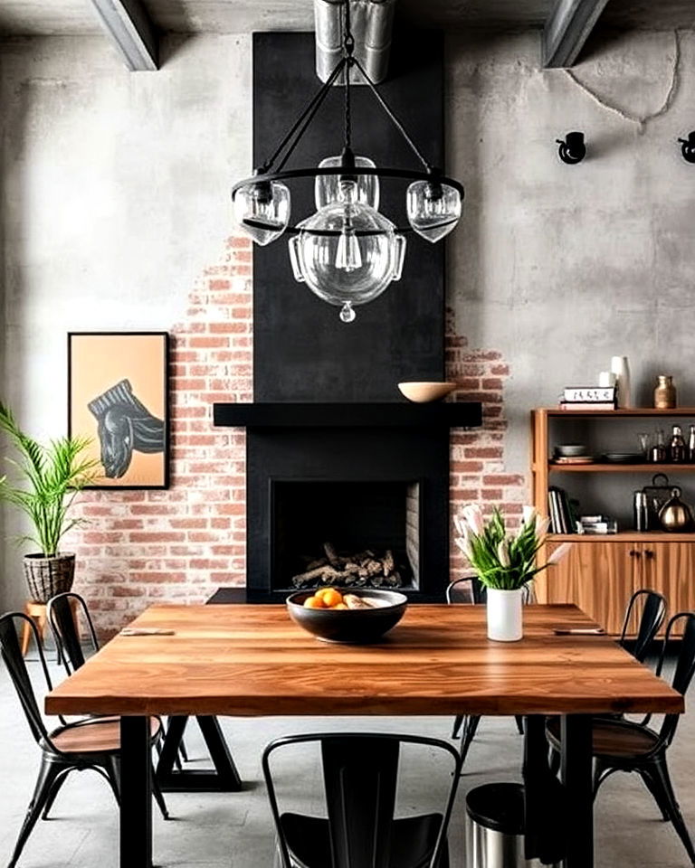metal fireplace for industrial dining room - 30 Dining Rooms With Fireplaces