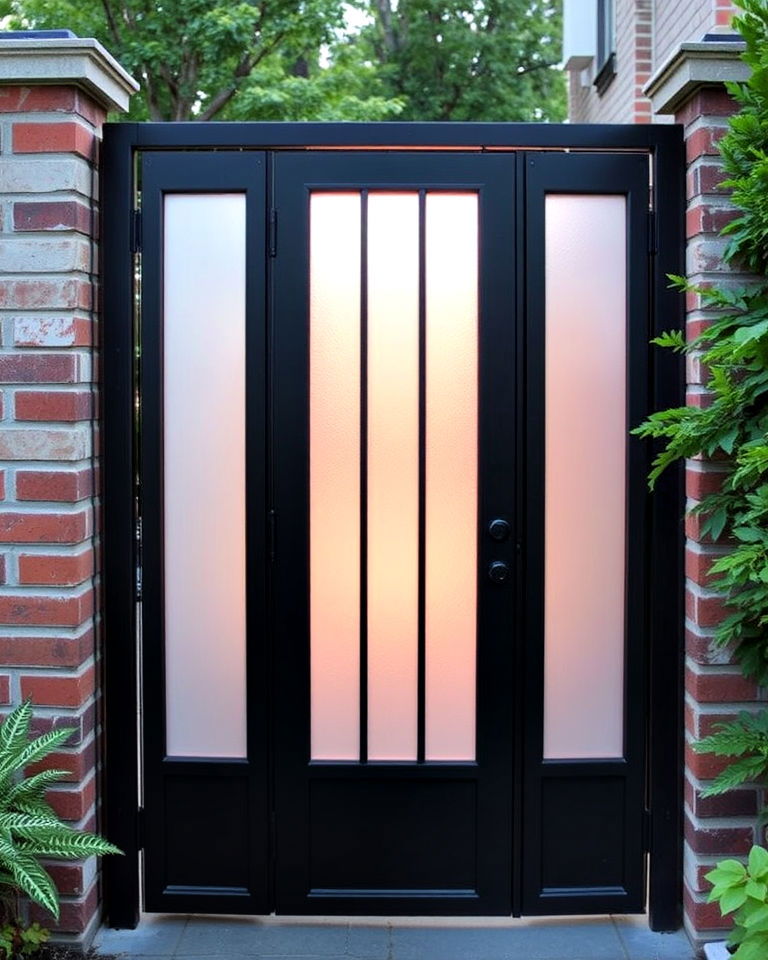 metal garden gate with frosted glass inserts - 25 Metal Garden Gate Ideas