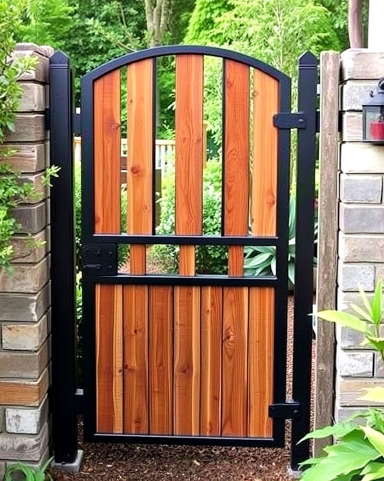 metal garden gate with wooden accents - 25 Metal Garden Gate Ideas