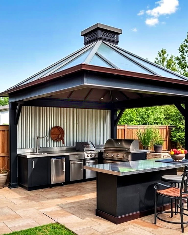 metal kitchen for industrial gazebo - 20 Outdoor Kitchen with a Gazebo Ideas