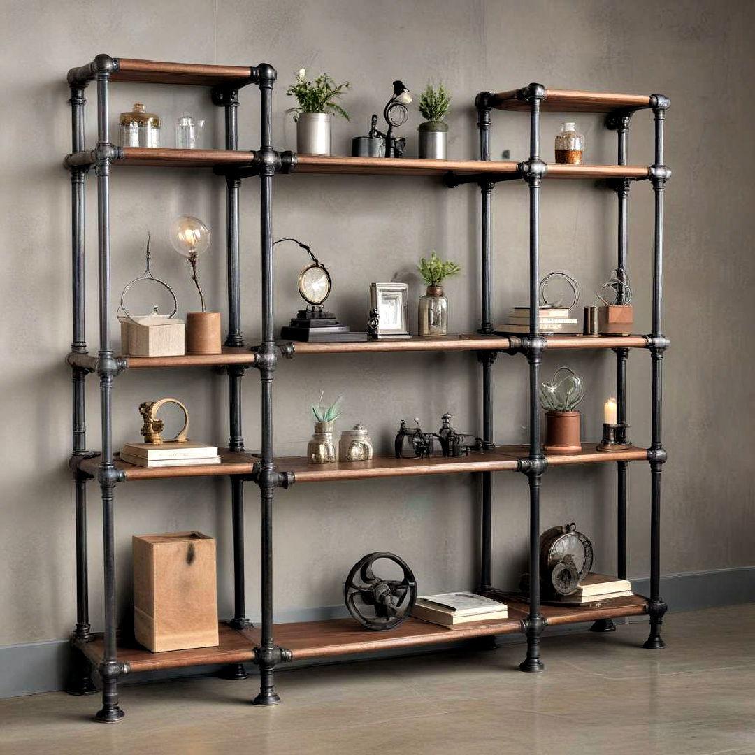 metal pipes shelving unit - 30 Industrial Decor Ideas