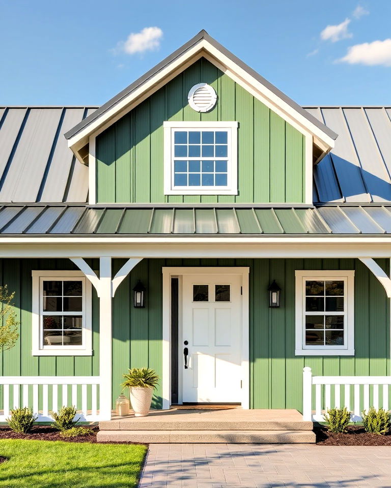 metal roof for eucalyptus green farmhouse exterior - 25 Farmhouse Green Exterior Home Ideas