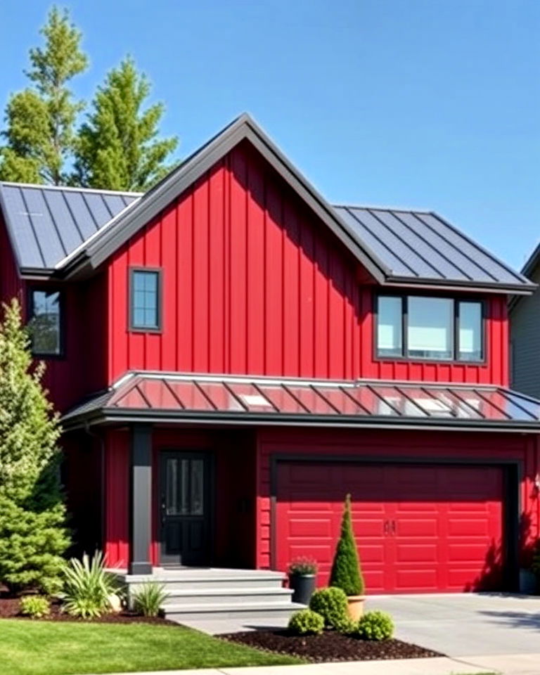 metal roofing and dark cherry red house exterior - 20 Dark Red House Exterior Ideas