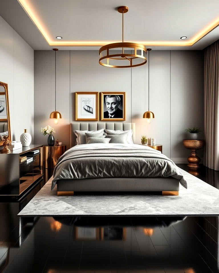 metallic accents for black floor bedroom - 20 Black Floor Bedroom Ideas