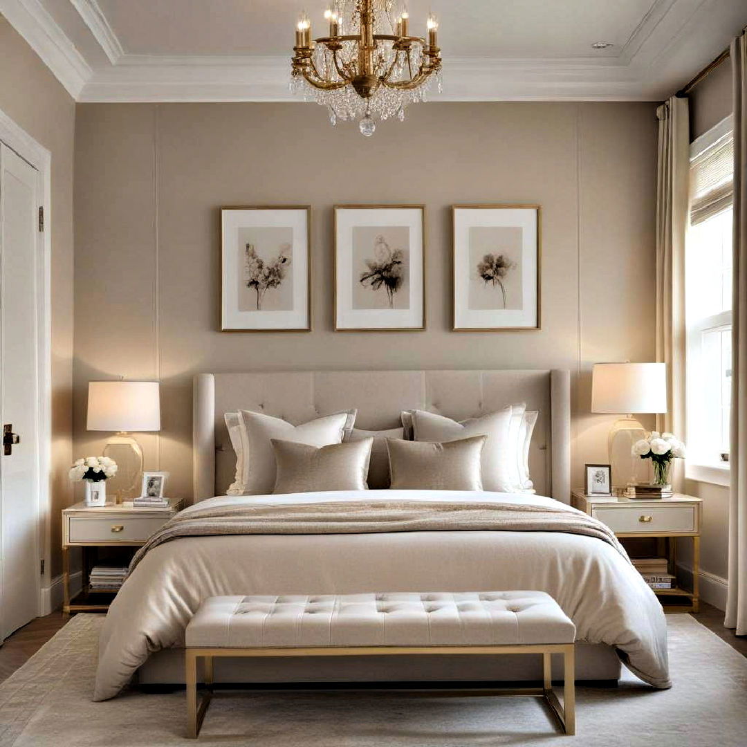 metallic accents for monochromatic beige palette - 30 Beige Bedroom Ideas