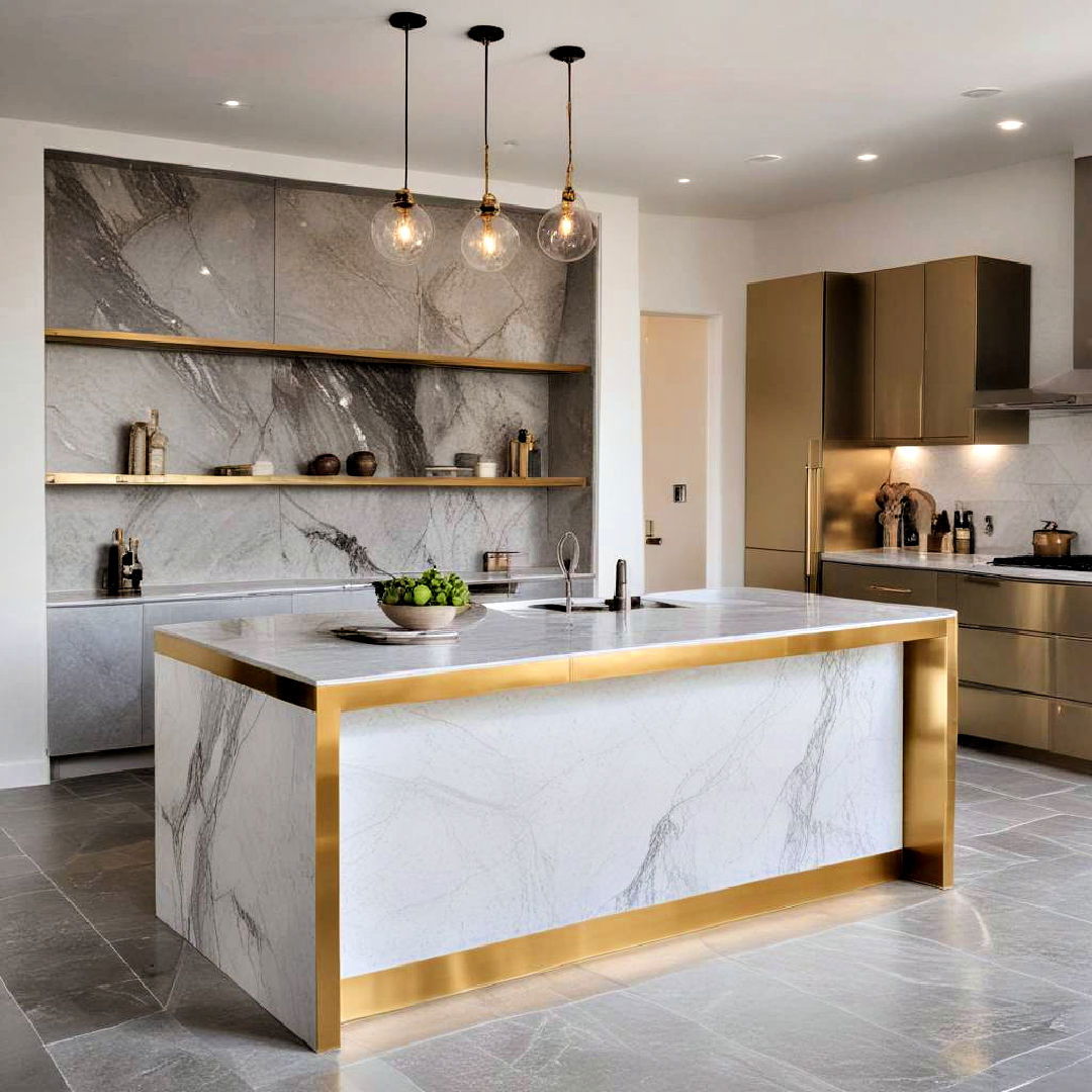 metallic accents for waterfall kitchen island - 15 Waterfall Kitchen Island Ideas