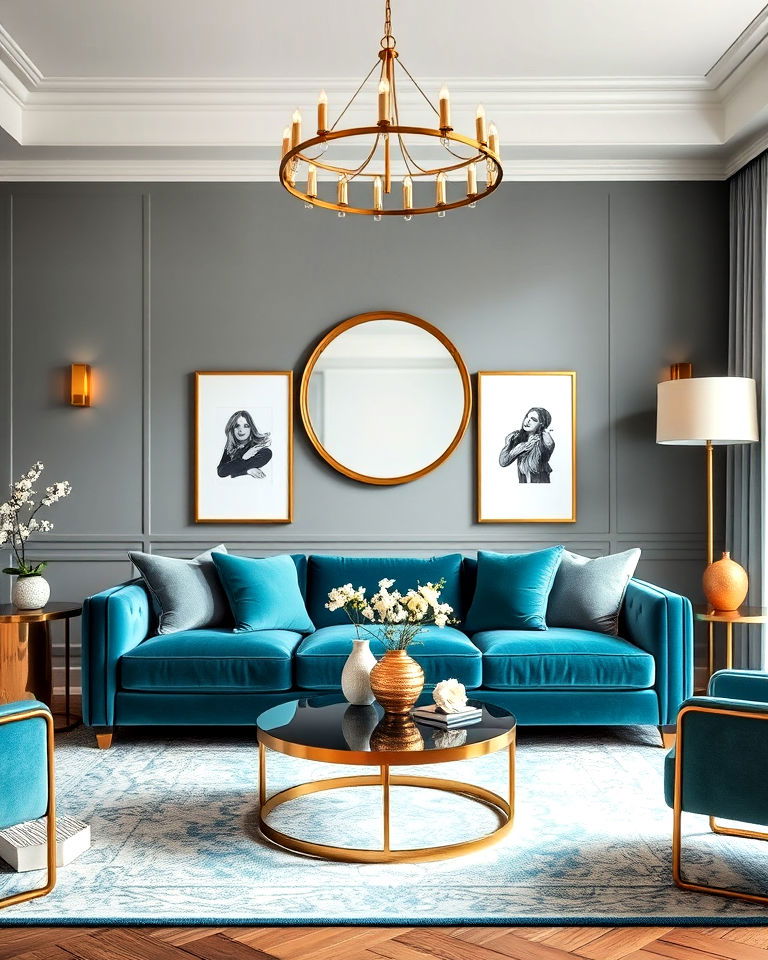 metallic accents to add glamorous touch - 20 Teal Couch Living Room Ideas