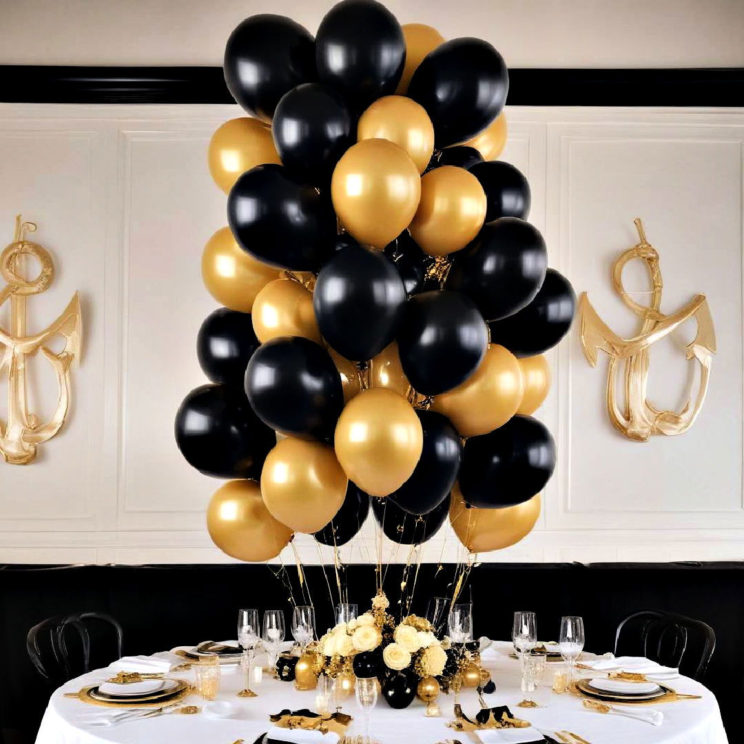 metallic balloons cluster as centerpiece - 20 Black and Gold Centerpiece Ideas