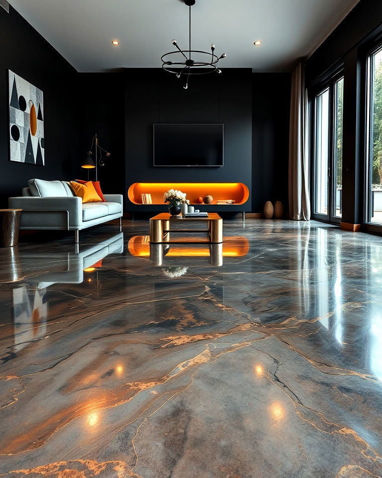 metallic epoxy finish over concrete floor - 20 Concrete Floor Living Room Ideas