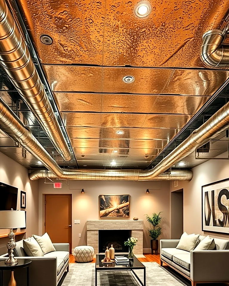 metallic finishes on exposed basement ceiling - 25 Exposed Basement Ceiling Ideas