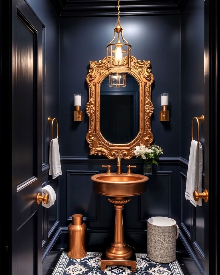 metallic finishes with dark blue walls - 20 Blue Powder Room Ideas