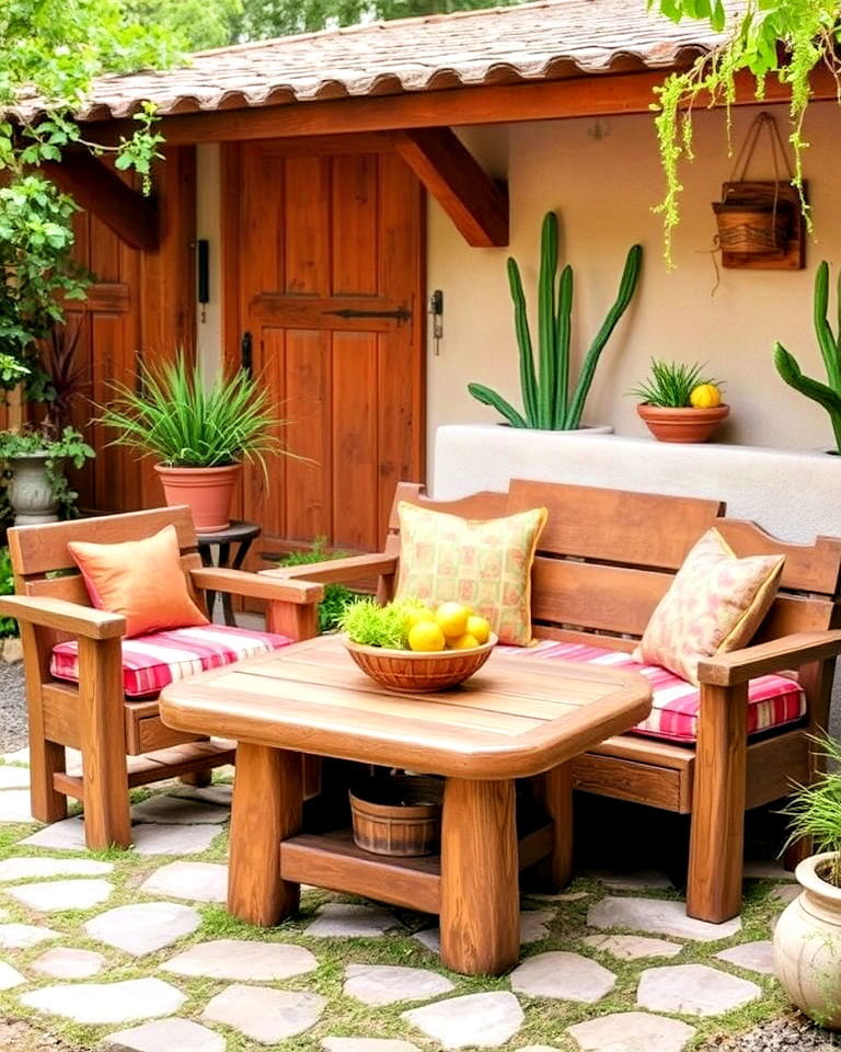 mexican garden with rustic wooden furniture - 25 Mexican Garden Ideas
