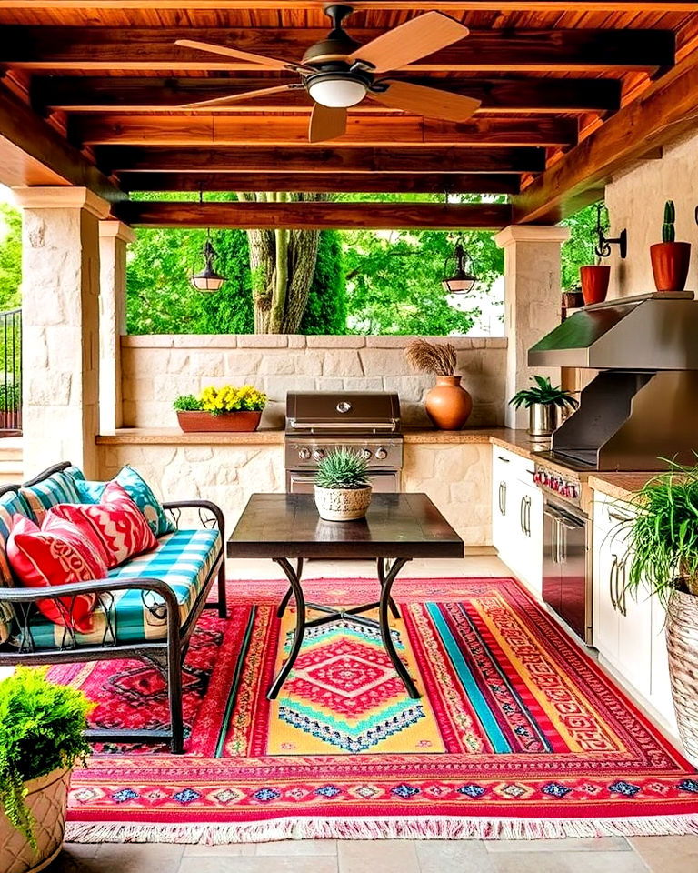 mexican inspired colorful outdoor rug - 20 Mexican Outdoor Kitchen Ideas
