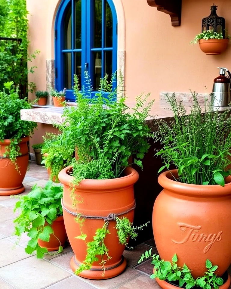 mexican outdoor kitchen with terracotta planters - 20 Mexican Outdoor Kitchen Ideas