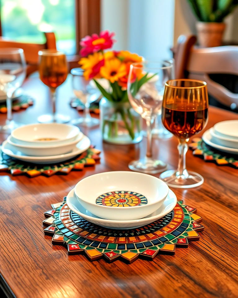 mexican table decor with mosaic tile coasters - 20 Mexican Table Decor Ideas