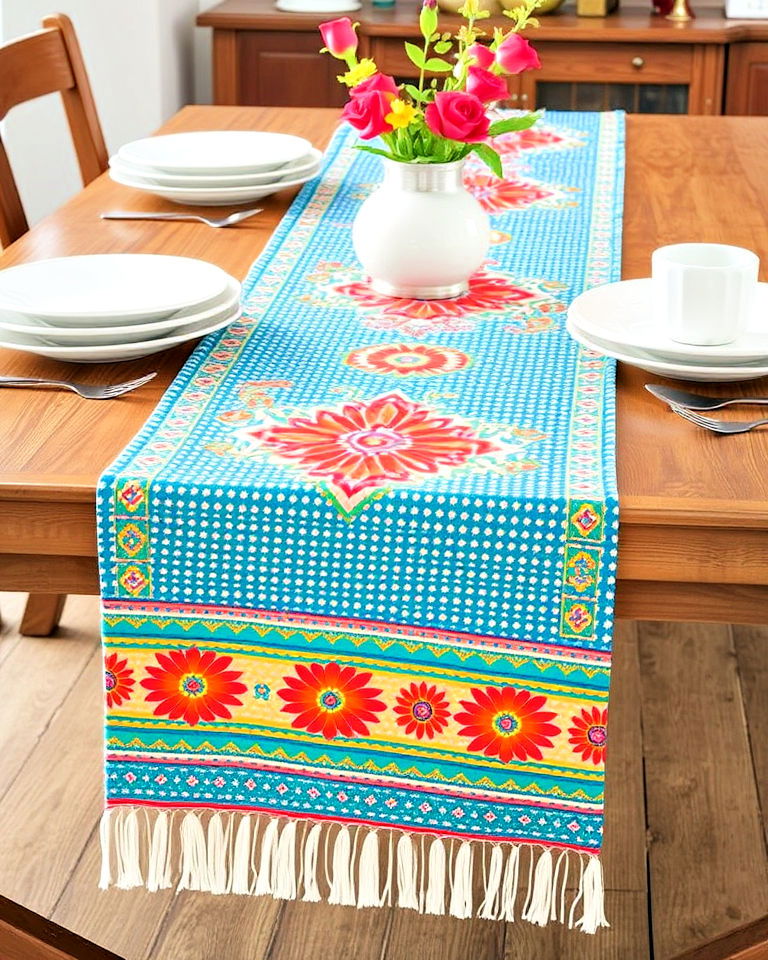 mexican table decor with vibrant table runner - 20 Mexican Table Decor Ideas