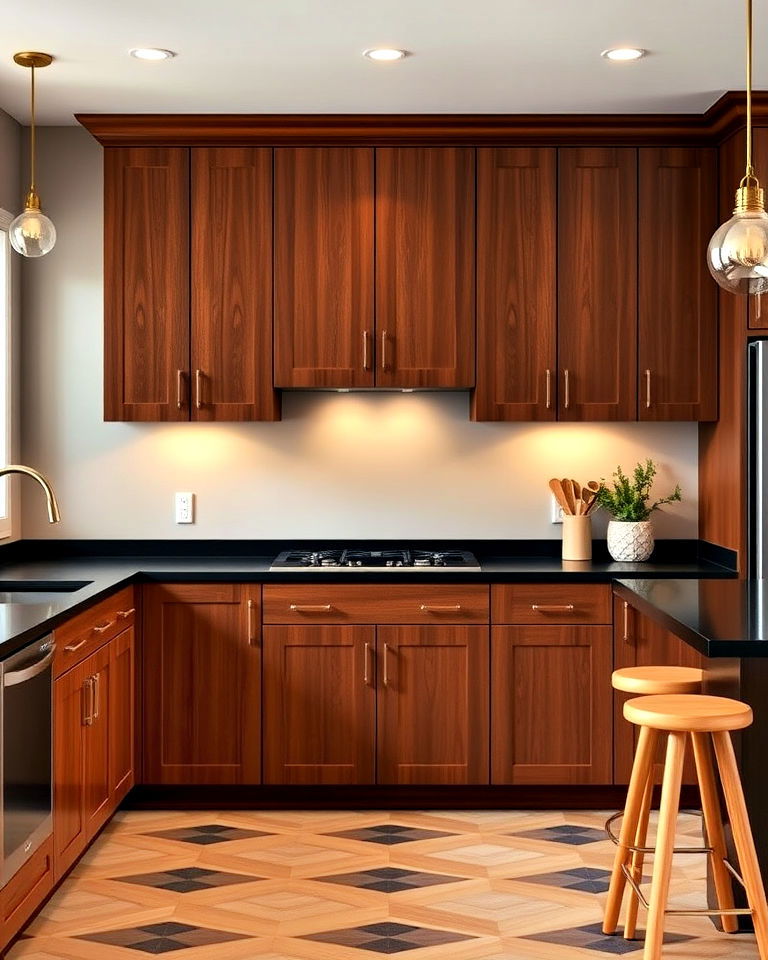 mid century modern brown cabinets - 20 Kitchen with Brown Cabinets and Black Countertops Ideas