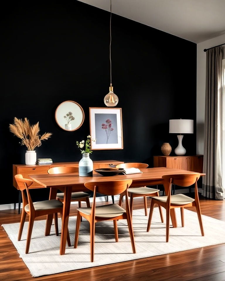 mid century modern dining room with black accent wall - 20 Black Accent Wall Dining Room Ideas