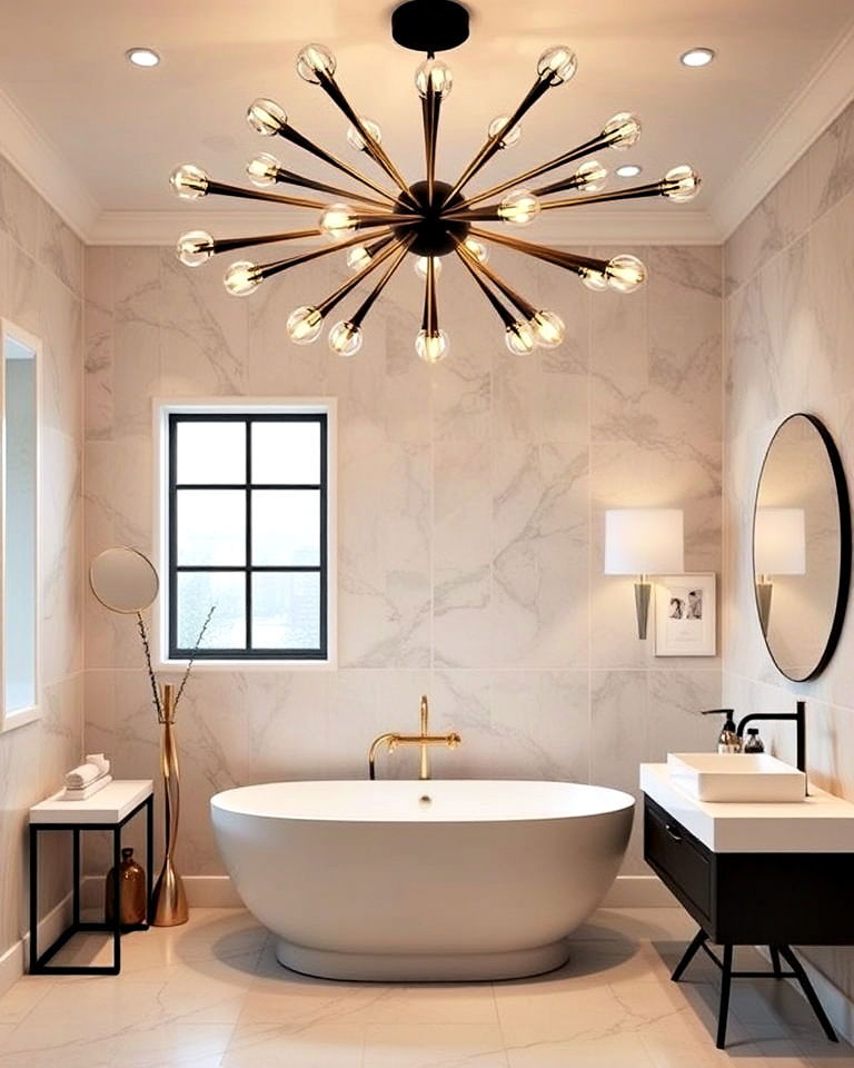 mid century modern flair with sputnik chandelier - 20 Bathroom Chandelier Ideas