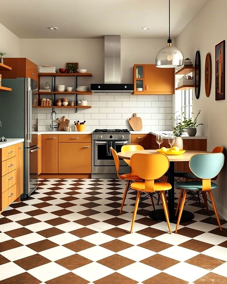 mid century modern kitchen with checkered floor - 25 Kitchens With Checkered Floors