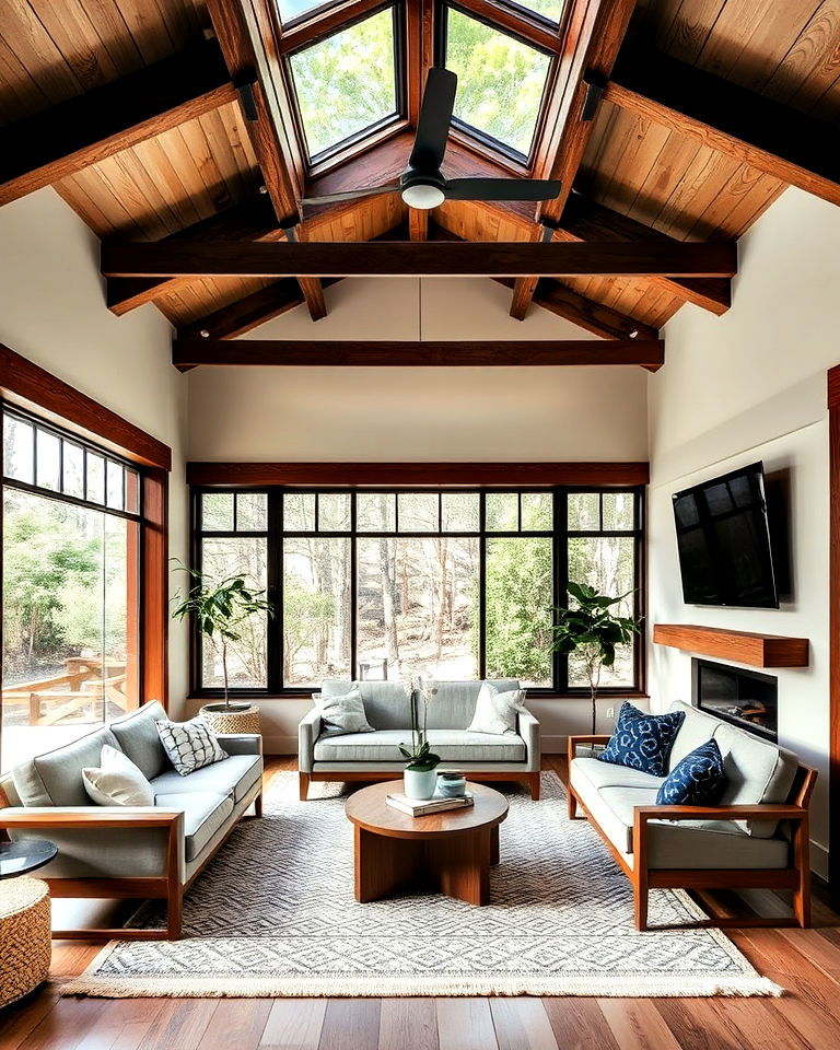mid century modern sunroom with exposed beams - 20 Mid-century Modern Sunroom Ideas