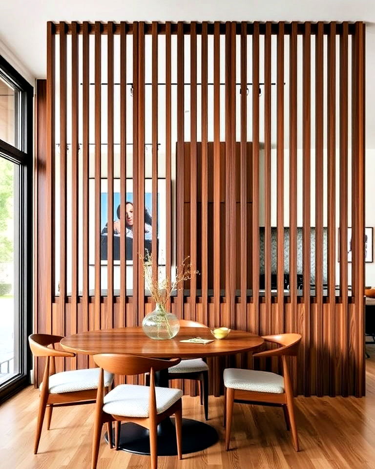 mid century modern twist vertical slat partition - 40 Wood Slat Accent Wall Ideas