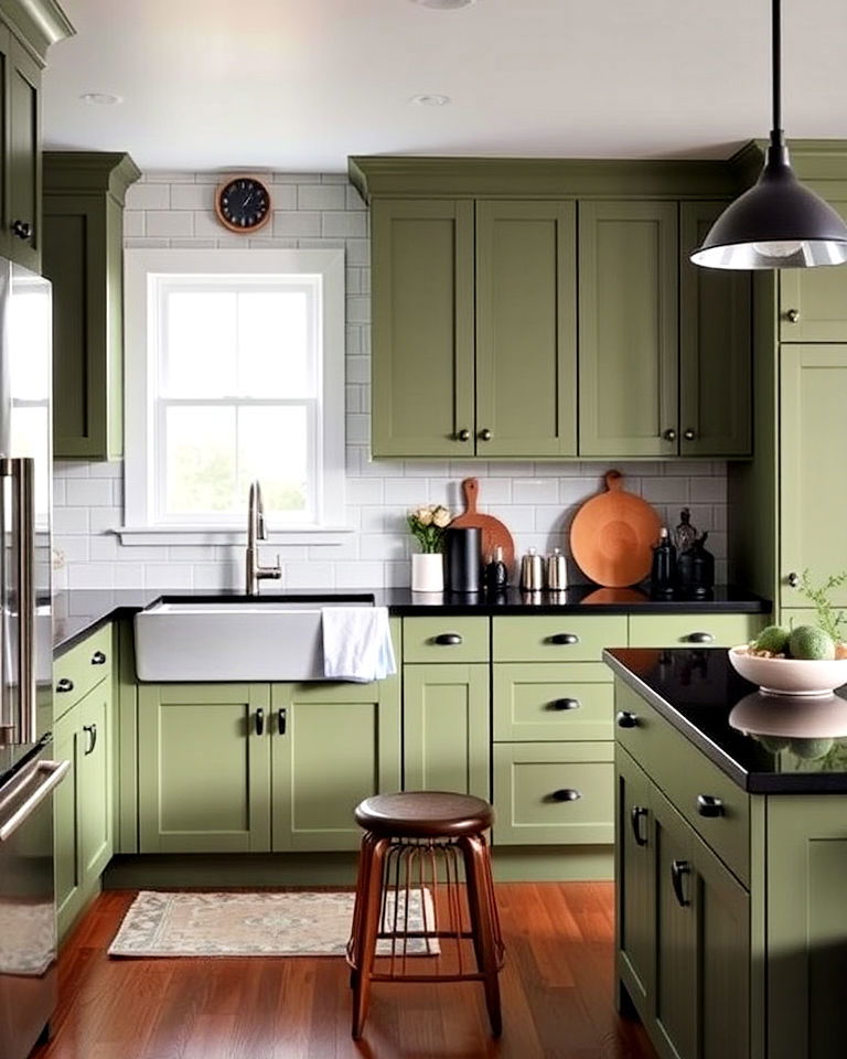 mid century modern vibe olive green cabinets - 20 Green Kitchen Cabinets With Black Countertops