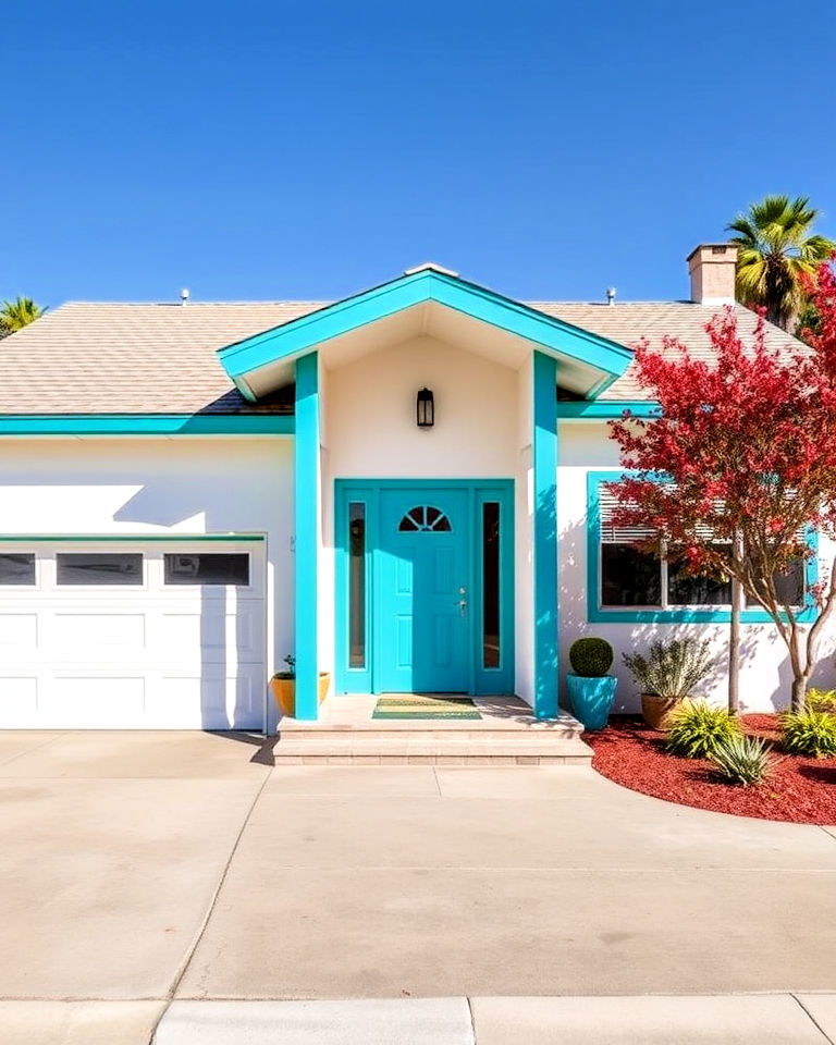 mid century white exterior with vibrant teal blue trim - 20 White House With Blue Trim Design Ideas