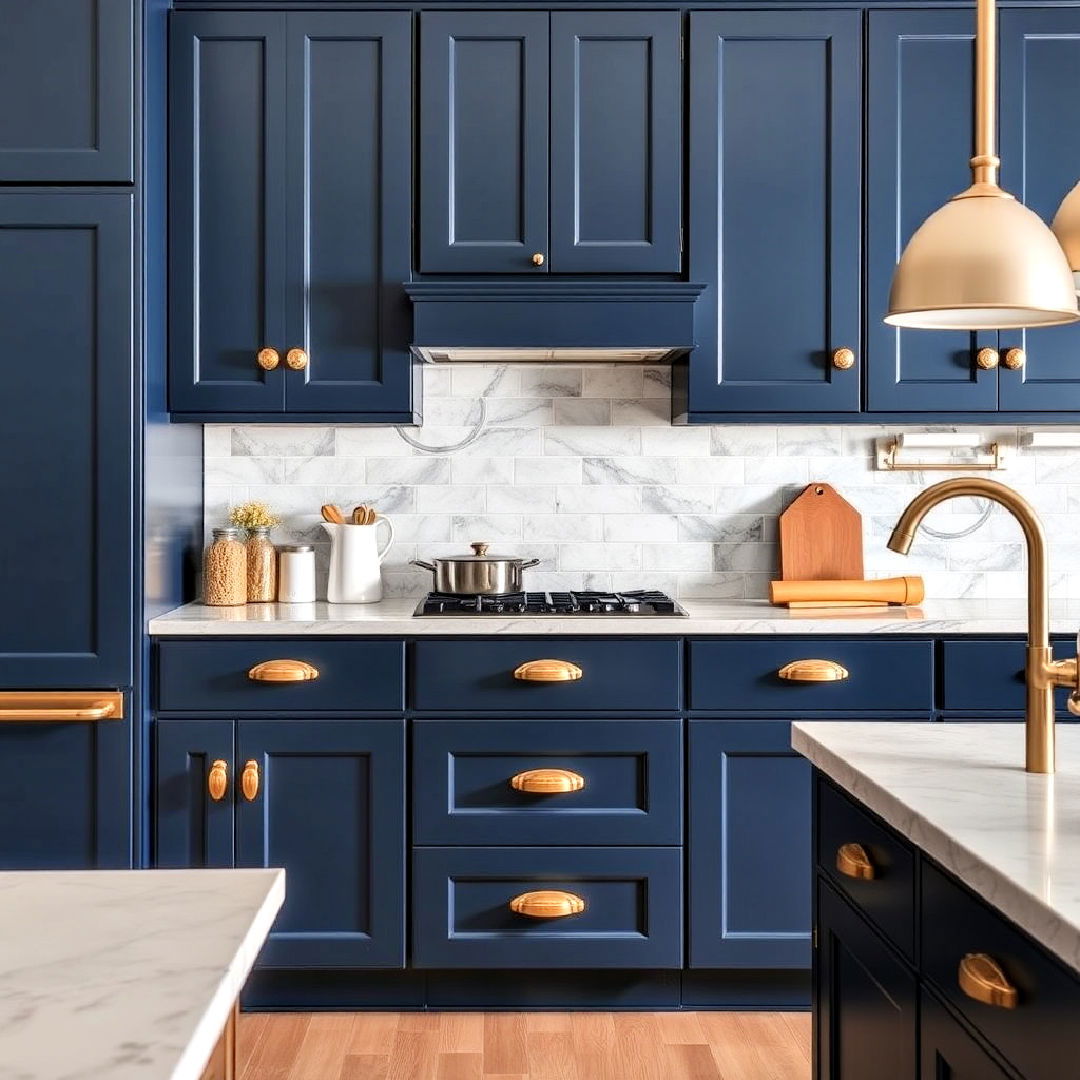 midnight blue cabinets and hammered gold knobs - 30 Blue Kitchen Cabinets With Gold Hardware