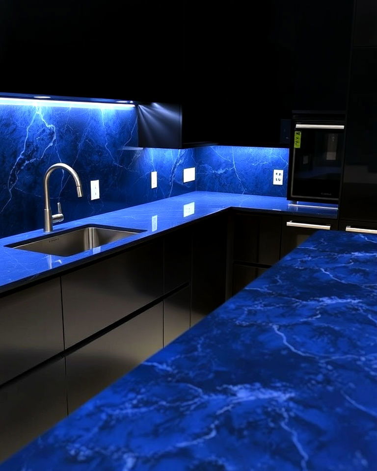 midnight blue quartz counter with led underlighting - 20 Kitchens With Blue Countertops
