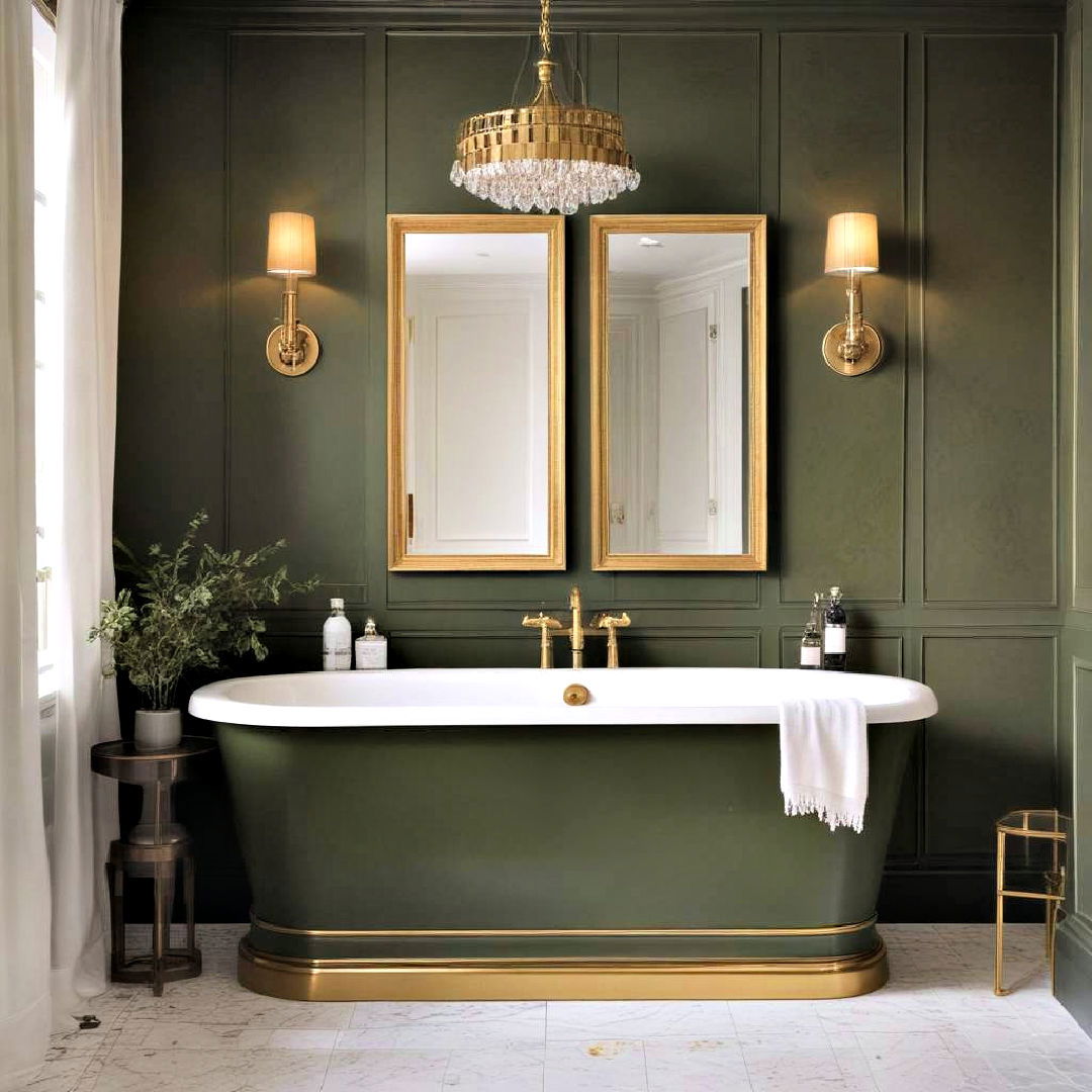 military green wall panels - 20 Green and Gold Bathroom Ideas