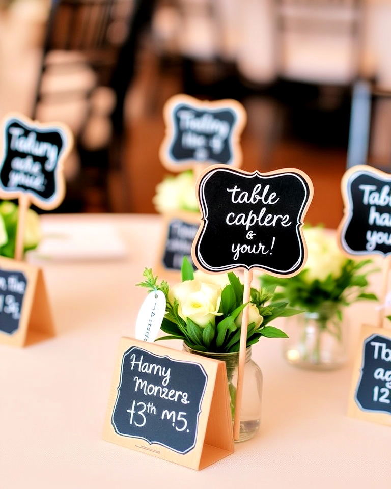mini chalkboard signs as centerpiece - 30 Rehearsal Dinner Centerpiece Ideas