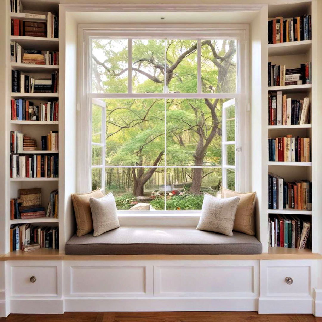 mini library with comfortable seat - 40 Window Seat Ideas