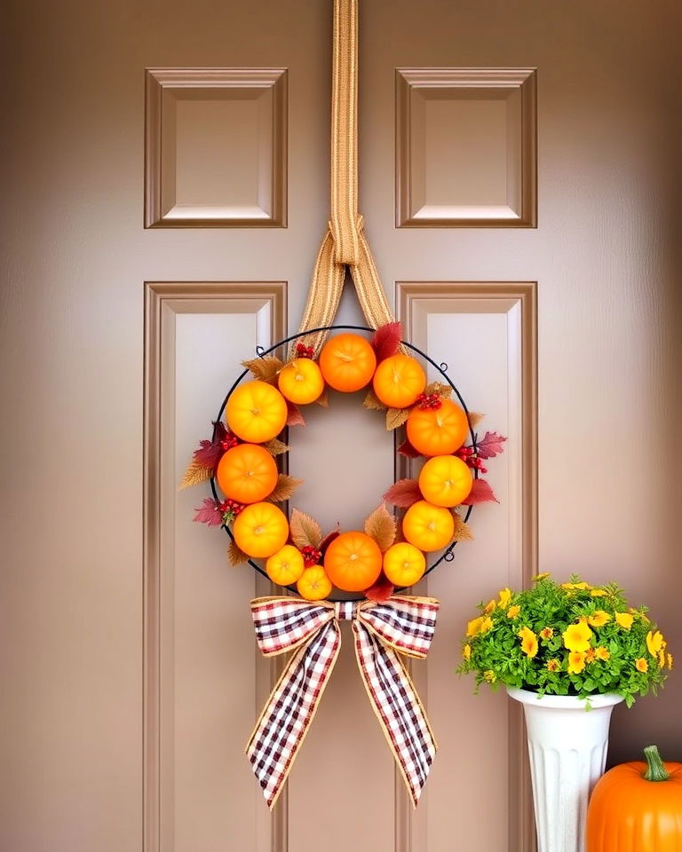 mini pumpkin wreath for fall door decor - 30 Front Door Fall Decor Ideas