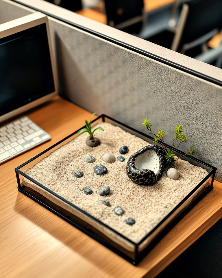 miniature desktop zen garden - 30 Cubicle Decor Ideas