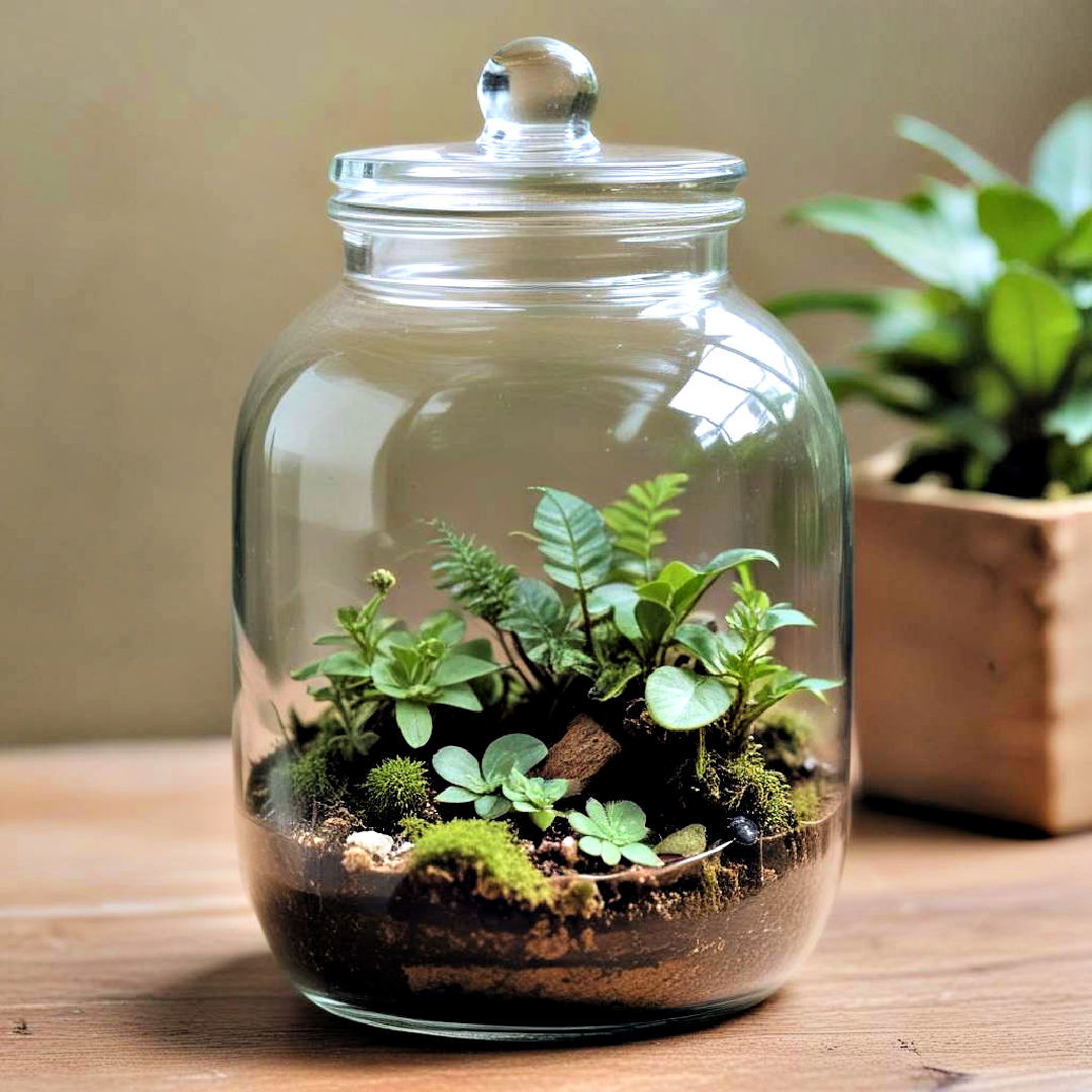 miniature rainforest in a closed glass jar - 40 Terrarium Ideas