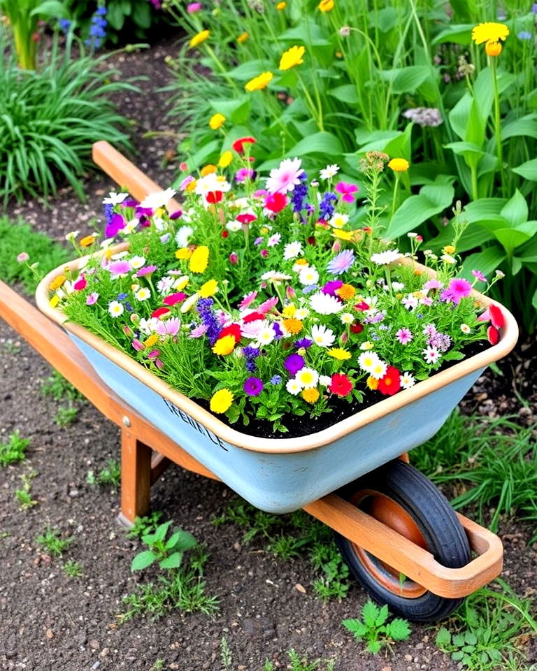 miniature wildflower meadow on wheels - 25 Old Wheelbarrow Ideas