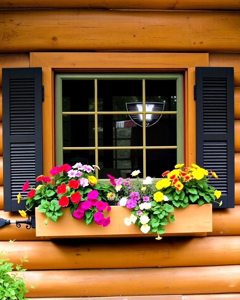 minimal maintenance flowering window boxes - 25 Log Cabin Landscaping Ideas
