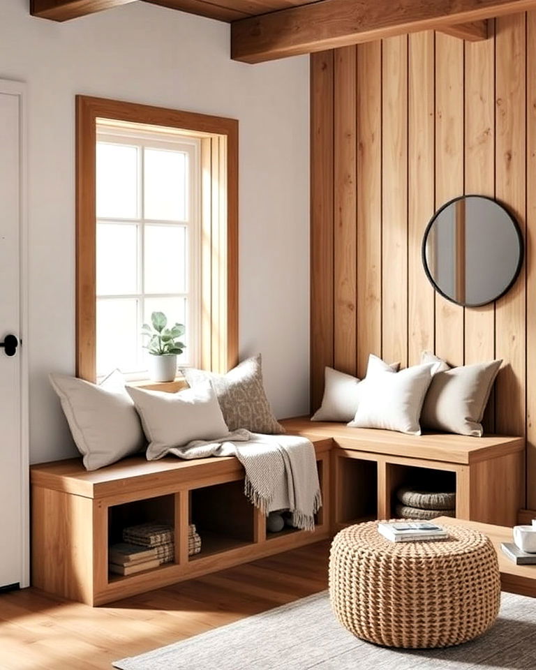 minimalist aesthetic built in wooden bench - 30 Rustic Scandinavian Living Room Ideas