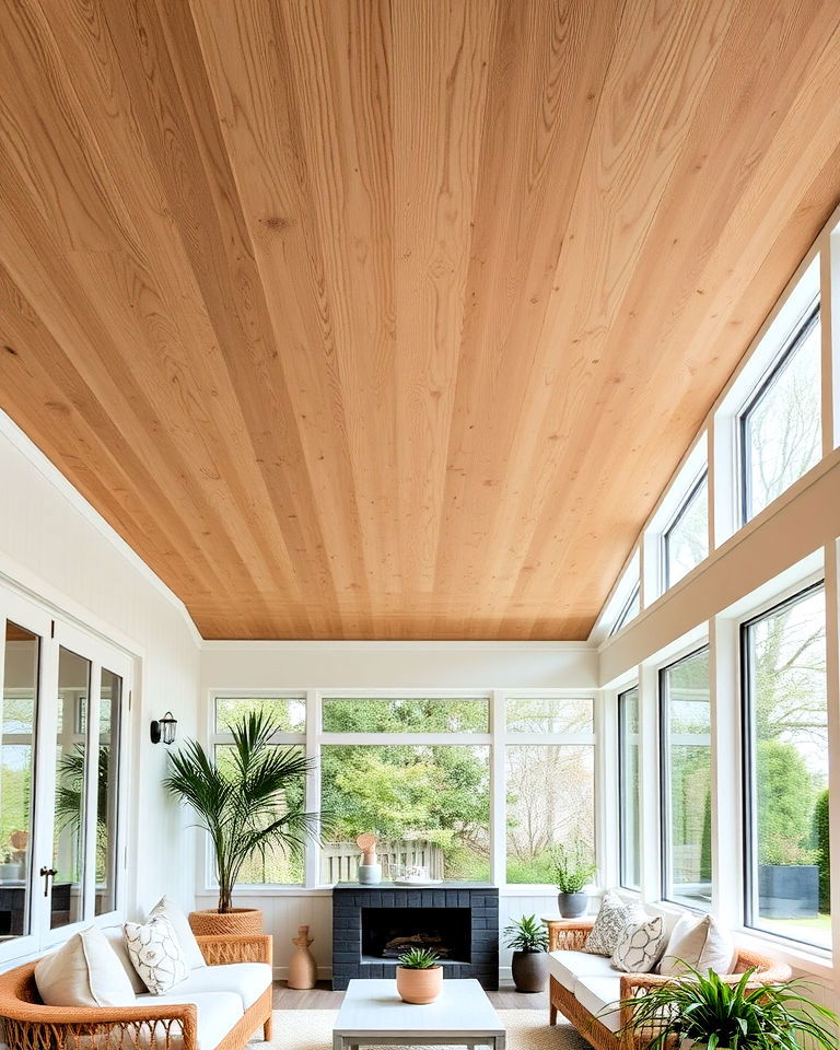 minimalist aesthetic plywood ceiling for sunroom - 20 Sunroom Ceiling Ideas