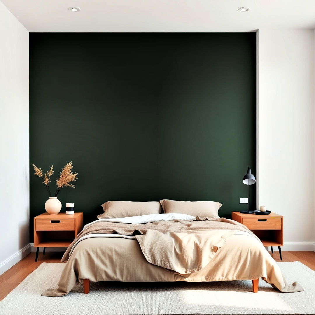minimalist bedroom with dark green accent - 40 Dark Green Accent Wall Ideas