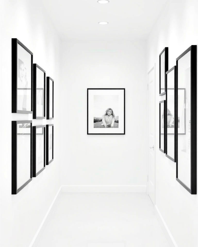 minimalist black frames on white walls - 20 Black and White Hallway Ideas