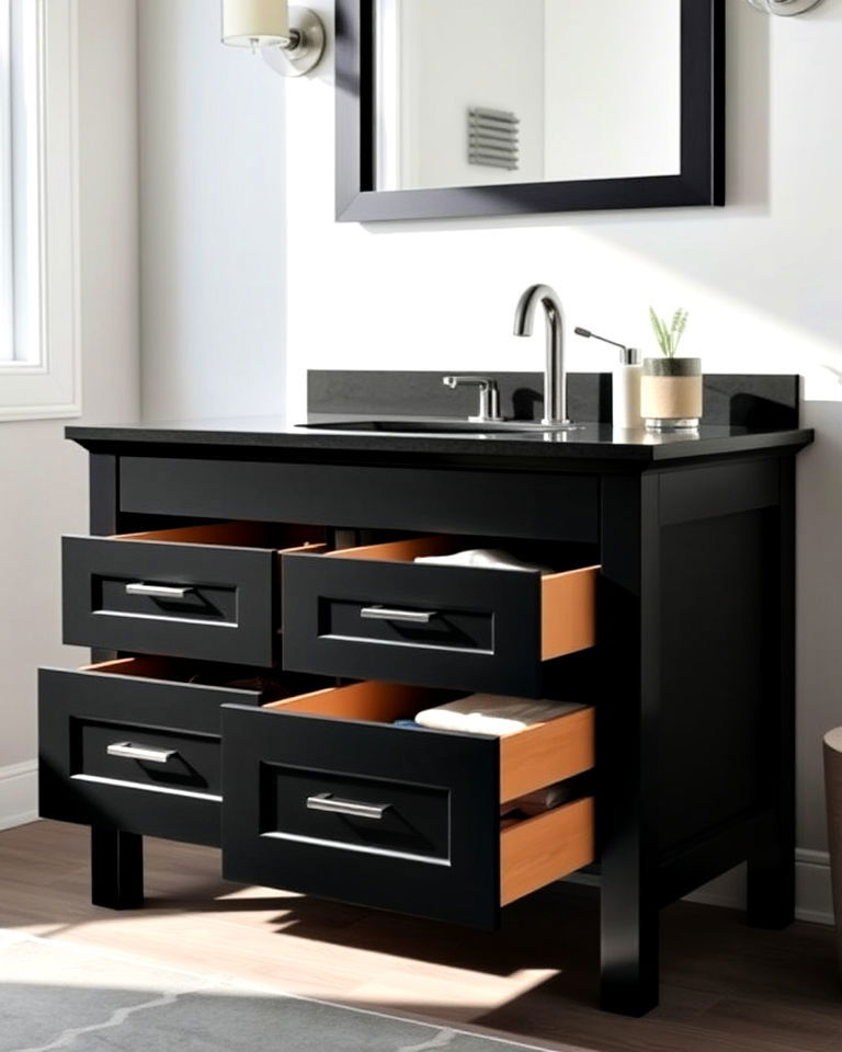minimalist black vanity with open drawer design - 20 Black Vanity Bathroom Ideas