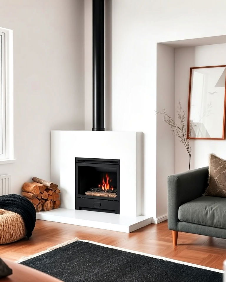 minimalist corner fireplace - 20 Scandinavian Fireplace Ideas