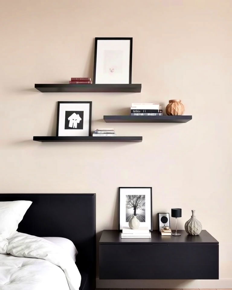 minimalist dark grey floating shelves - 30 Dark Grey Bedroom Ideas