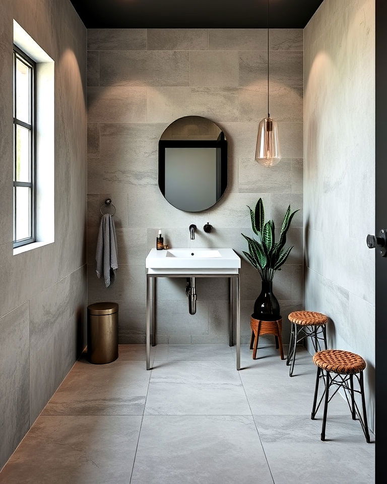 minimalist design concrete look floor tiles - 25 Powder Room Floor Tile Ideas